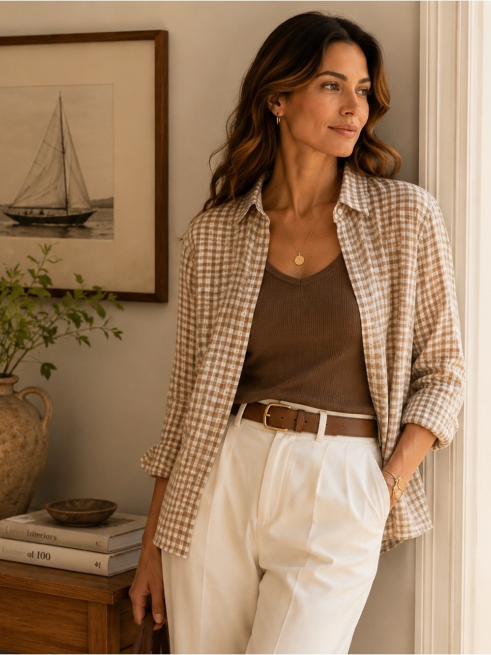 Everlane 100% Linen Gingham Button Front Shirt Women’s Size 10 Beige White